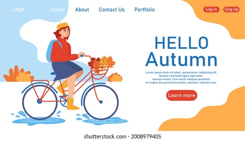 Pancarta temática del otoño. La ilustración vectorial de una niña que monta una bicicleta al aire libre está asociada con el humor otoñal. Banner creativo, página de inicio, volante de estilo plano.