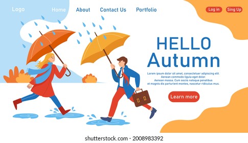 Autumn theme banner. Vector illustration of man and woman running in the rain with umbrellas is associated with an autumn mood. Creative banner, landing page, flyer in a flat style. Autumn outdoor.