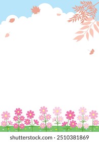 Ilustración de fondo de frontera de tema de otoño de un campo de flores de cosmos en flor y hojas que caen