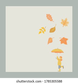 Tema del otoño con el niño en el fondo gris