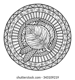 Autumn theme. Circle tribal doodle ornament. Hand drawn birch leaf art mandala. Black and white ethnic background. Zentangle pattern for coloring book for adults and kids.