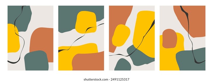 Autumn theme colors. Abstract backgrounds with various curved bright colored shapes and black bent lines for season creative graphic design. Vector illustration.