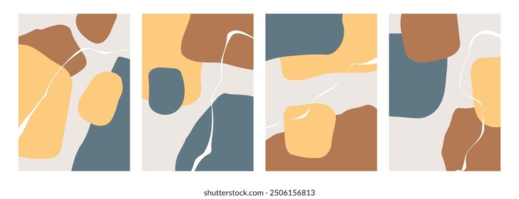 Autumn theme colors. Abstract backgrounds with various curved bright colored shapes and white bent lines for Fall season creative graphic design. Vector illustration.