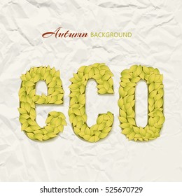 Autumn theme design on wrinkled paper background with eco letters made up of yellow leaves vector illustration