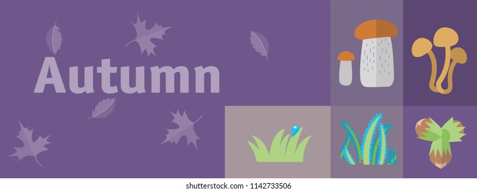 Autumn theme flat icons set and background with fall leafes. Vector illustration