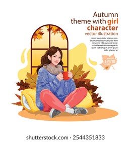 Autumn Theme with girl character- vector illustration