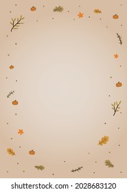 Autumn Theme Greeting Card Template. Fall Leaves and Tiny Pumpkins Vintage Vector Illustration. 