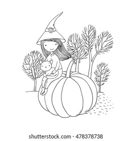 Autumn theme. Halloween. Girl with a hat, a cat and a pumpkin. Trees without leaves. Hand drawing isolated objects on white background. Vector illustration. 