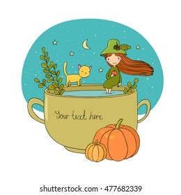 Autumn theme. Halloween. Little cute girl and a cartoon cat sitting on the cup. The moon, stars and melon. Hand drawing isolated objects on white background. Vector illustration. 