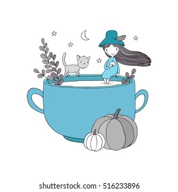 Autumn theme. Halloween. Little cute girl and a cartoon cat sitting on the cup. The moon, stars and pumpkin. Hand drawing isolated objects on white background. Vector illustration. 