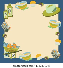 Ilustración temática de otoño con atributos en fondo azul y beige