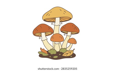Autumn theme illustration of a cluster of forest mushrooms growing amidst moss and dry fallen leaves on damp soil.