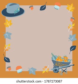 Autumn theme illustration with pumpkins, foliage and hat