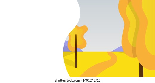 Autumn theme illustration yellow colors poster. walking road through the trees