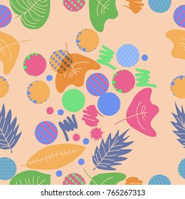 Autumn theme, leaves, scribbles, blots  transparent seamless  pattern. Hand drawn.