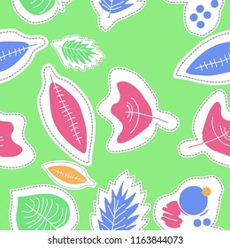 Autumn theme, leaves,scribbles,dashed lines, labels seamless pattern . Hand drawn.
