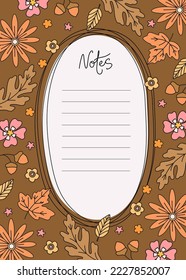 Autumn theme for notebook, planner, to-do list, notes and diary. Seamless pattern with autumn flowers, leaves and acorns. Vector illustration.