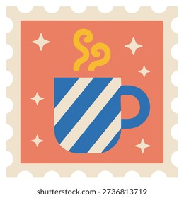 Autumn theme postage stamp with tea cup isolated vector illustration on white background