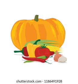 autumn theme. pumpkin, corn, tomato, garlic, onion and peppers