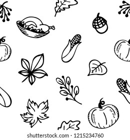Autumn theme, seamless pattern. Happy Thanksgiving day. Food and harvest. Vector background, texture, illustration. Sketch style