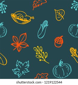Autumn theme, seamless pattern. Happy Thanksgiving day. Food and harvest. Vector background, texture, illustration. Sketch style