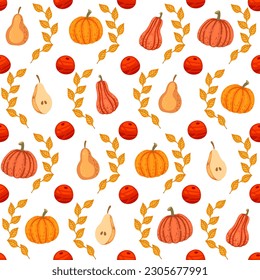 Autumn theme seamless pattern with pumpkin pear and leaves vector illustration