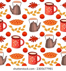 Autumn theme seamless pattern with red mug pie and kettle vector illustration