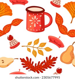 Autumn theme seamless pattern with red mug hat and leaves vector illustration