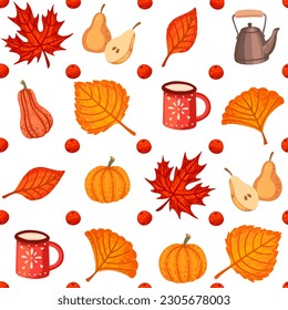 Autumn theme seamless pattern with red mug and leaves vector illustration