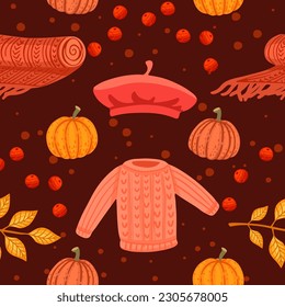 Autumn theme seamless pattern with sweater pumpkin hat and leaves vector illustration