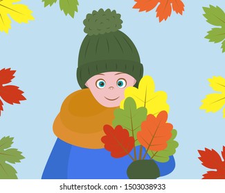 Autumn theme vector illustration . Cute boy with a bouquet of autumn leaves.