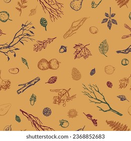 Autumn theme vector seamless pattern. Ornament of fruits, fallen leaves, bare branches, berries, pine cones. Hand drawn retro style design for background, wallpaper, decor.