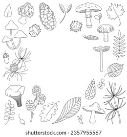 Autumn theme. Walk in the woods. Set of autumn fruit and mushrooms. Simple frame line art doodle style. Editable stroke vector illustration. Elements for design
