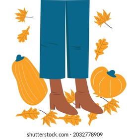 Autumn theme. Women's legs in jeans and sopogi stand among falling autumn leaves and pumpkins. Vector illustration 