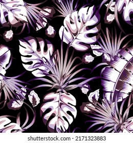 autumn themed background seamless pattern with colorful tropical monstera banana leaves plants and foliage on night. flat design. nature element background. spring wallpaper. summer design 