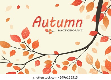 Autumn themed background vector illustration with the word Autumn and branches decorated with bright autumn leaves in red, orange and yellow colors. Scattered leaves create a festive atmosphere.