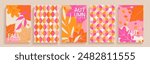 Autumn themed bright covers.Fall leaves, simple geometric patterns for design.Template for print.Vertical banners,flyers for social media,web,ads,promo.Vector for seasonal offers,presentation,shopping