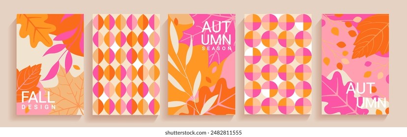 Autumn themed bright covers.Fall leaves, simple geometric patterns for design.Template for print.Vertical banners,flyers for social media,web,ads,promo.Vector for seasonal offers,presentation,shopping