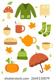 Autumn themed cozy object collection vector illustration. Includes fall elements such as sweater, socks, hot drink, pumpkin, tea pot, book, and autumn leaves. Perfect for seasonal decoration