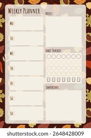 Autumn themed cozy Weekly Planner with Notes and Habit Tracker Layout