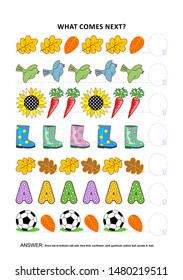 Autumn themed educational logic game training sequential pattern recognition skills: What comes next in the sequence? Answer included.