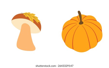 Autumn themed flat vector pack: pumpkin, mushroom with leaf for creative designs. Hand drawn set for banners, cards, social media