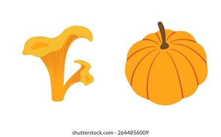 Autumn themed flat vector pack: pumpkin, mushroom for creative designs. Hand drawn set for banners, cards, social media