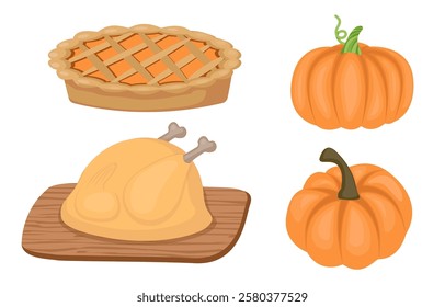 Autumn themed food collection of vegetable pumpkin chicken meat and dessert pumpkin pie