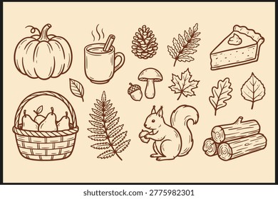 Autumn themed illustration with pumpkin squirrel pie and cozy seasonal elements in rustic brown line art on beige background