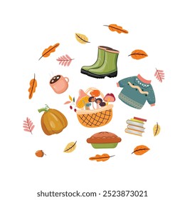 Autumn themed items, boots, sweater, pumpkin, pie, and leaves in a cozy seasonal illustration