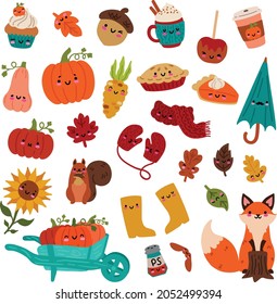 Autumn themed kawaii vector illustrations