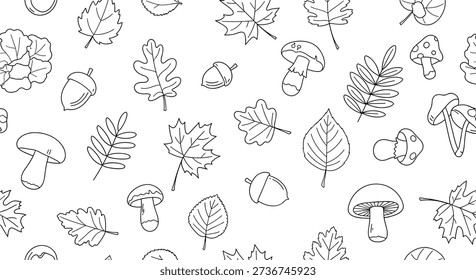 Autumn themed line art pattern with various fallen leaves, acorns, and mushrooms for coloring or seasonal gift wrapping.
