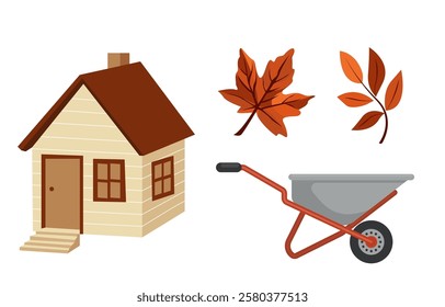 Autumn themed objects red leaf wooden small house and metal farm cart