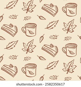 Autumn themed pattern featuring cozy mugs and delicious desserts with leaves in warm tones